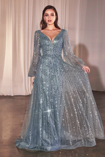 Beaded Long Sleeve A-line Gown by Ladivine CD0240