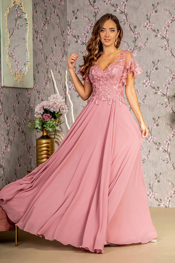 Floral Applique Short Sleeve A-line Gown by GLS Gloria GL3352