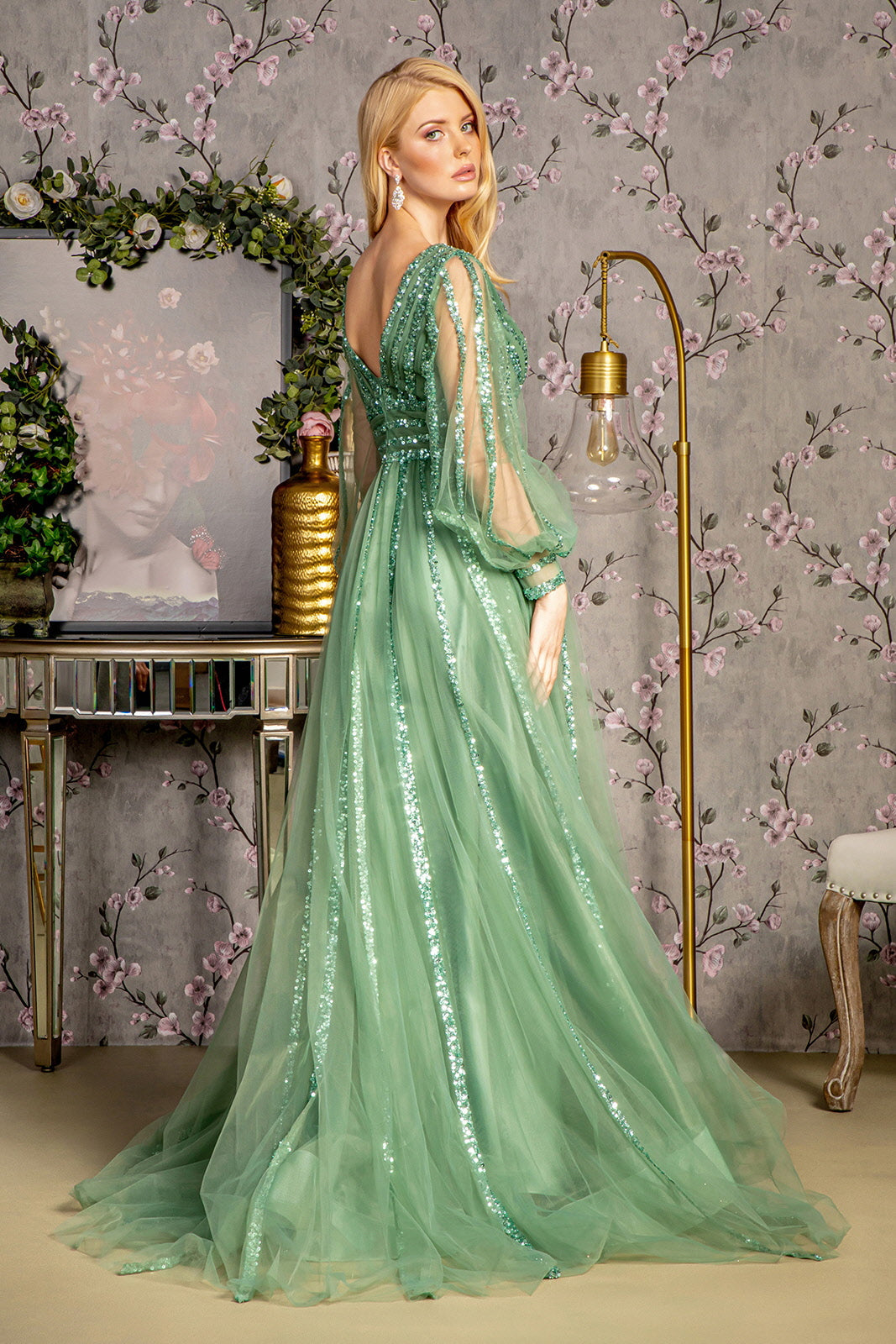 Sequin Long Sleeve A-line Mesh Gown by GLS Gloria GL3495