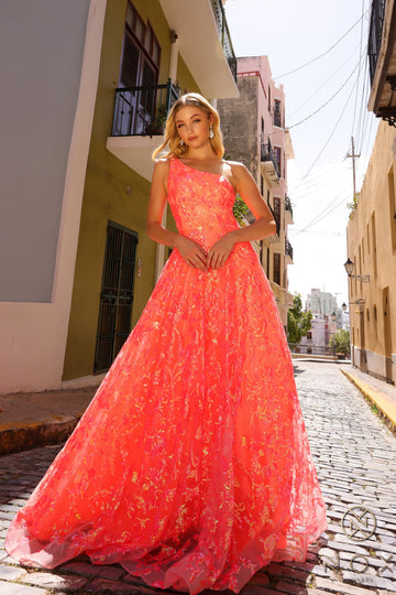 Sequin Print One Shoulder Ball Gown by Nox Anabel R1305
