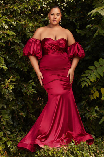 Curve Puff Sleeve Satin Gown by Cinderella Divine CD983C