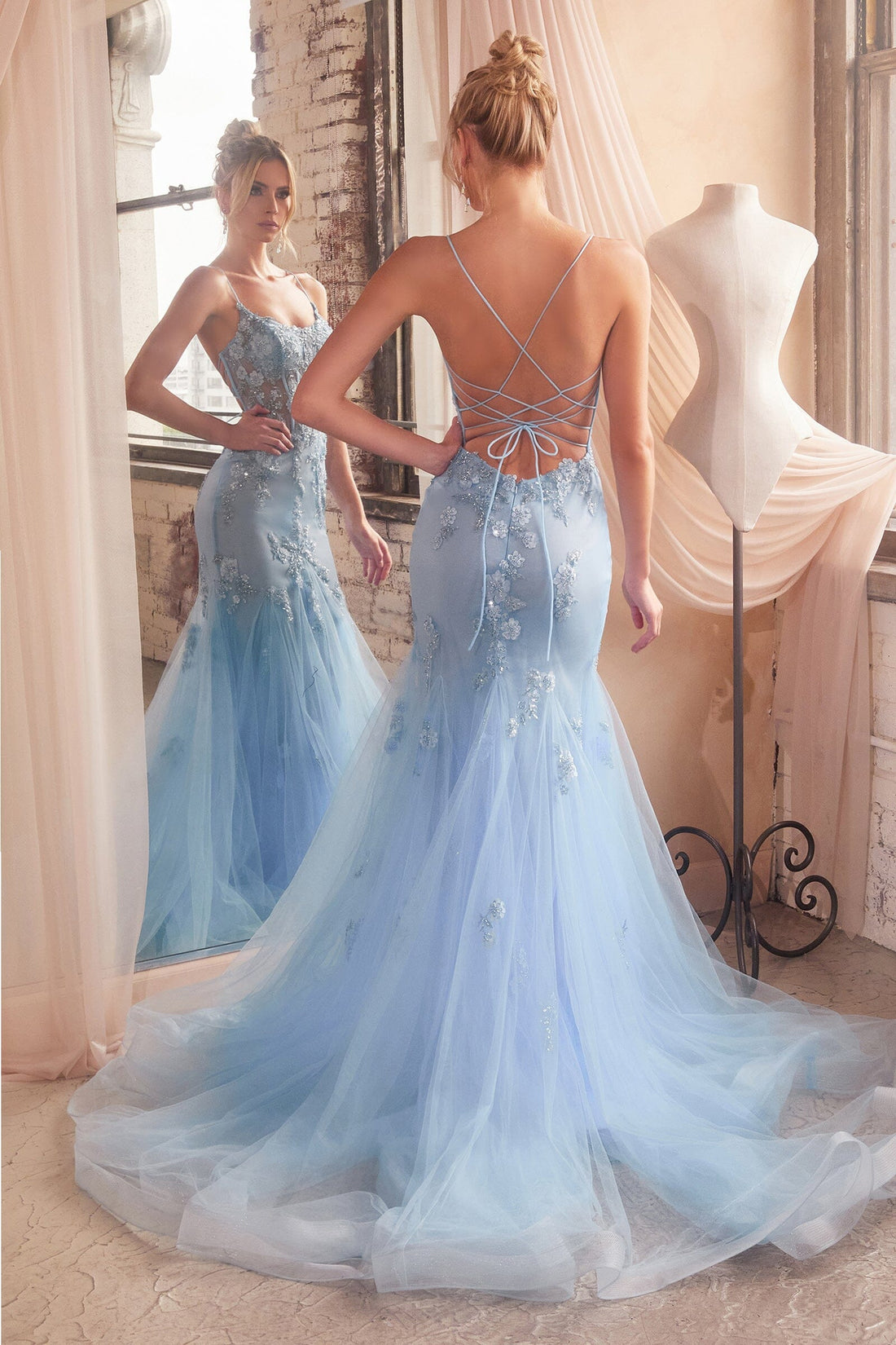 Floral Applique Sheer Corset Mermaid Dress by Ladivine D145