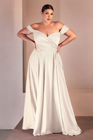 White Curve Off Shoulder A-line Satin Gown by Ladivine 7493WC